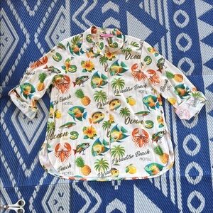 Rose + Olive Resort Women’s Large 3/4 Sleeve Tropical Button Up Shirt Beige